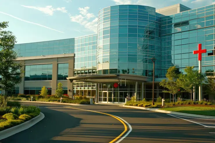 Modern hospital building with a glass facade and landscaped entrance