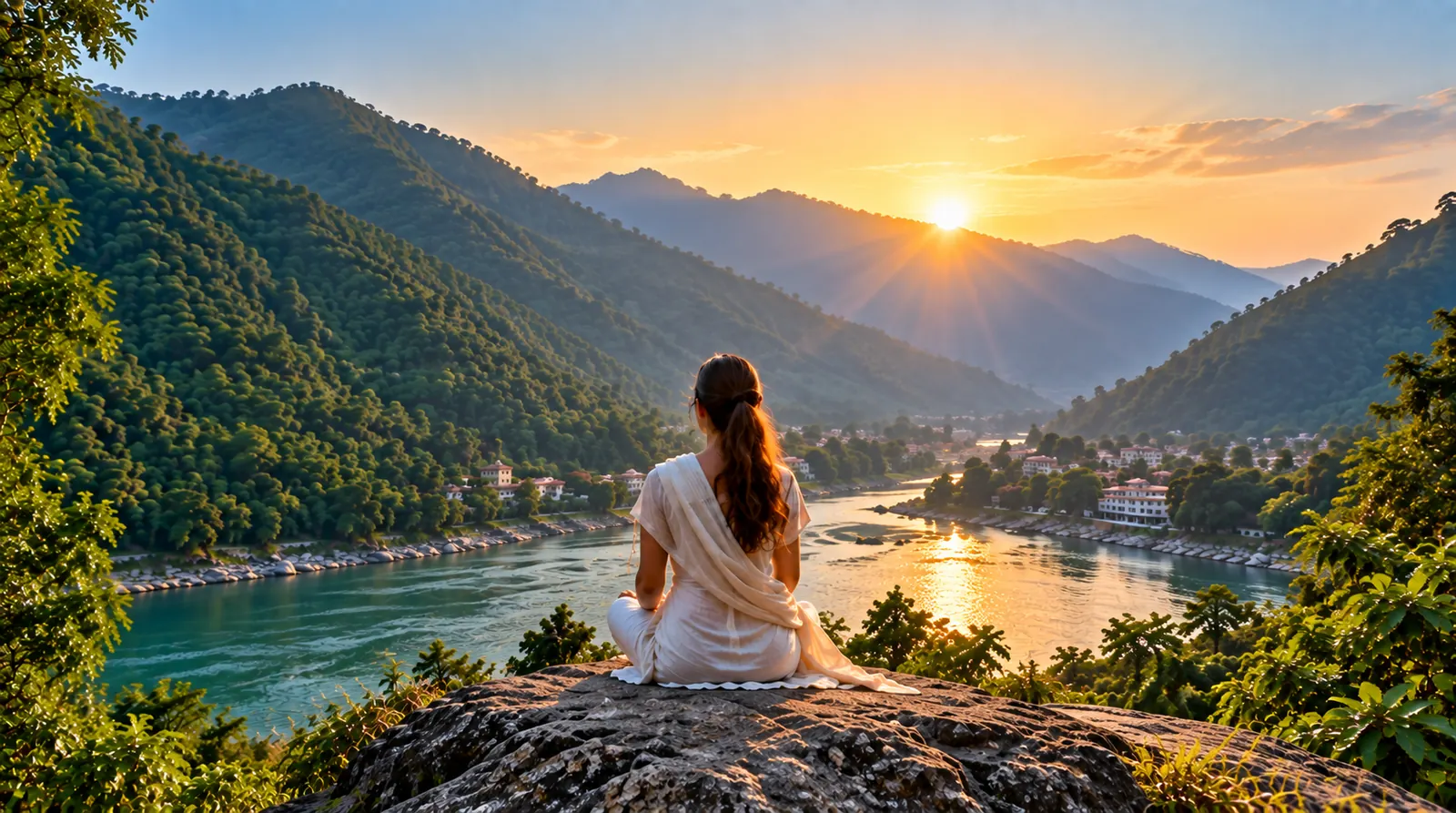 Woman enjoying a peaceful wellness retreat in the mountains